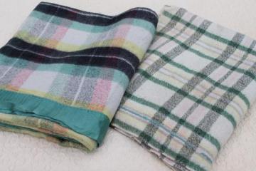 catalog photo of vintage plaid camp blankets, retro jade green / pink / black blanket plaids