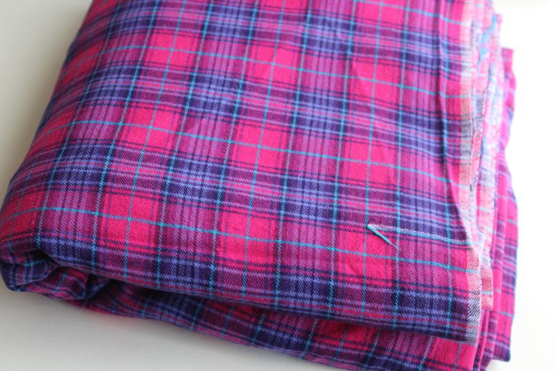 photo of vintage plaid cotton flannel fabric, tartan in fuschia pink, purple, aqua #1