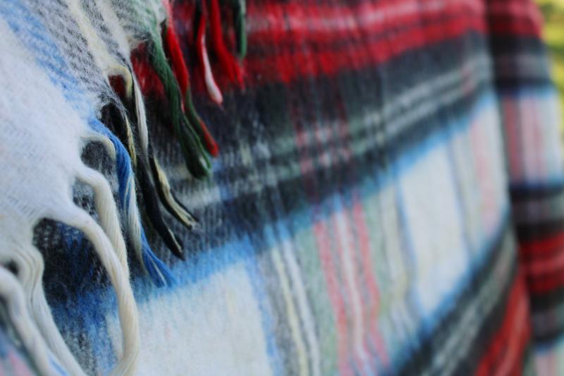 photo of vintage plaid throw w/ fringe, cozy soft acrylic tailgating / camp blanket #3