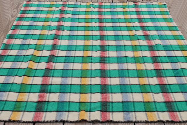 photo of vintage plaid wool camp blanket, candy pink blue yellow jade green black bed blanket #1