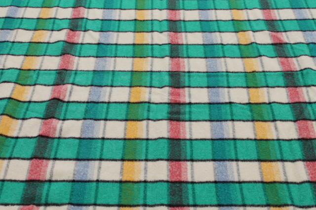 photo of vintage plaid wool camp blanket, candy pink blue yellow jade green black bed blanket #3