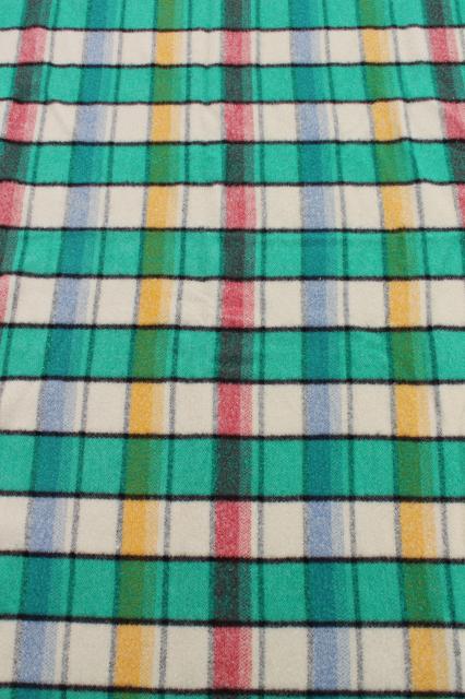 photo of vintage plaid wool camp blanket, candy pink blue yellow jade green black bed blanket #4