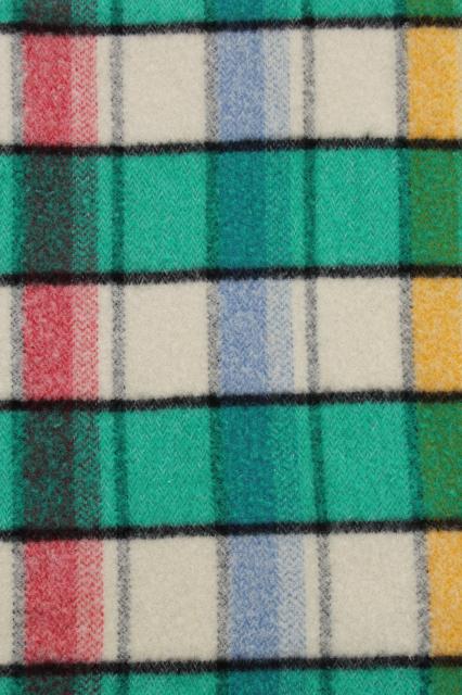 photo of vintage plaid wool camp blanket, candy pink blue yellow jade green black bed blanket #5