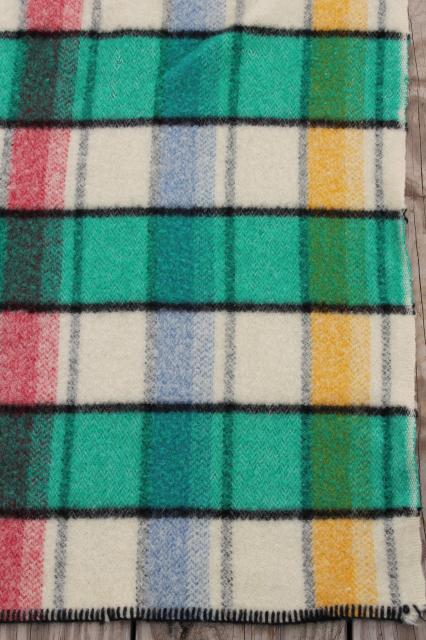 photo of vintage plaid wool camp blanket, candy pink blue yellow jade green black bed blanket #7