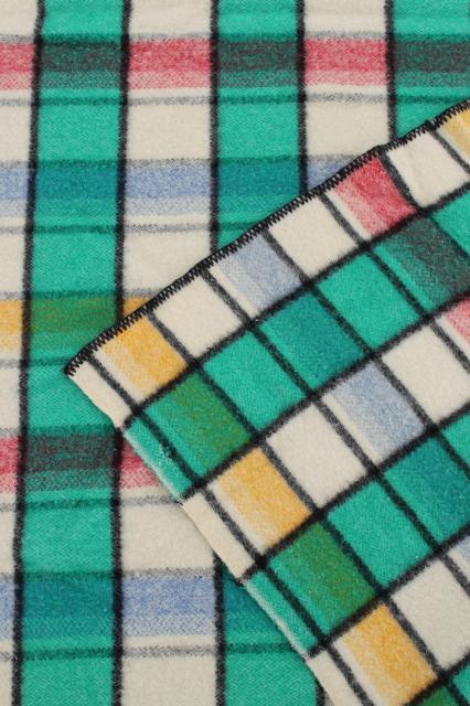 photo of vintage plaid wool camp blanket, candy pink blue yellow jade green black bed blanket #8