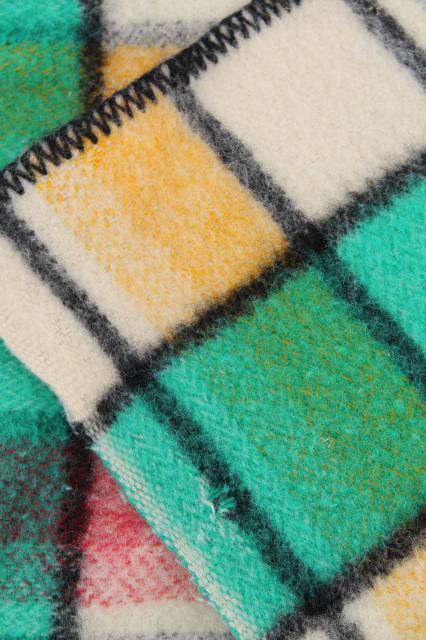 photo of vintage plaid wool camp blanket, candy pink blue yellow jade green black bed blanket #9