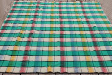 catalog photo of vintage plaid wool camp blanket, candy pink blue yellow jade green black bed blanket