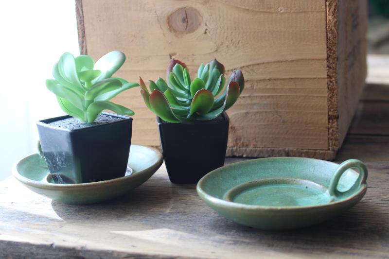 photo of vintage plainsman green matte glaze red clay pottery candle holders or planter dishes #1