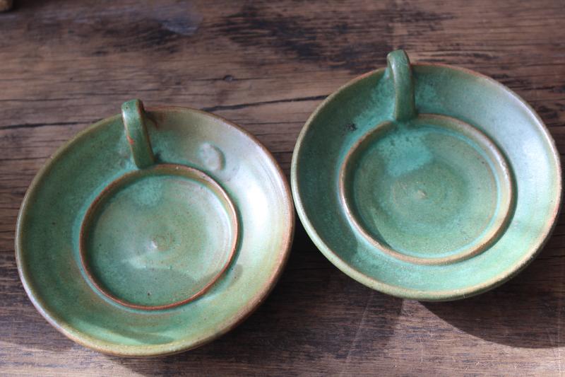 photo of vintage plainsman green matte glaze red clay pottery candle holders or planter dishes #2