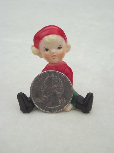 photo of vintage plastic Christmas decorations, tiny red & green pixies, elves or gnomes #2