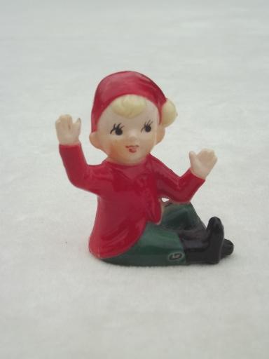 photo of vintage plastic Christmas decorations, tiny red & green pixies, elves or gnomes #3