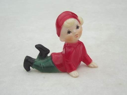 photo of vintage plastic Christmas decorations, tiny red & green pixies, elves or gnomes #4