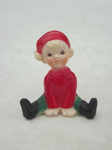 photo of vintage plastic Christmas decorations, tiny red & green pixies, elves or gnomes #5