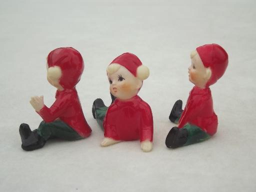 photo of vintage plastic Christmas decorations, tiny red & green pixies, elves or gnomes #6