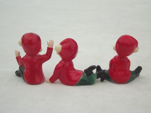 photo of vintage plastic Christmas decorations, tiny red & green pixies, elves or gnomes #7