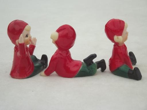 photo of vintage plastic Christmas decorations, tiny red & green pixies, elves or gnomes #8