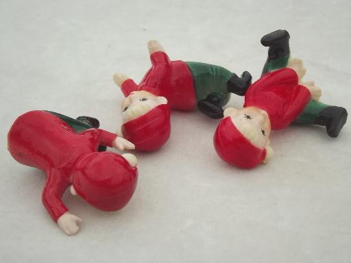 photo of vintage plastic Christmas decorations, tiny red & green pixies, elves or gnomes #10