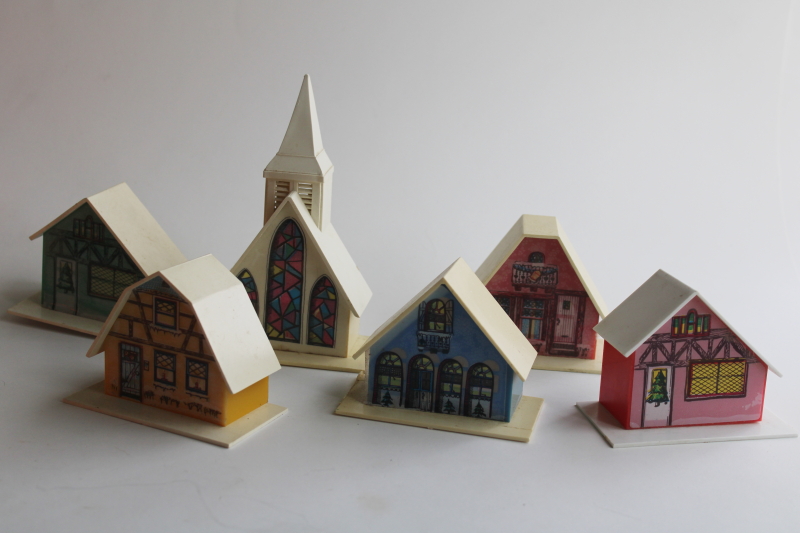 photo of vintage plastic Christmas light covers, mini putz houses, village cottages & church  #1