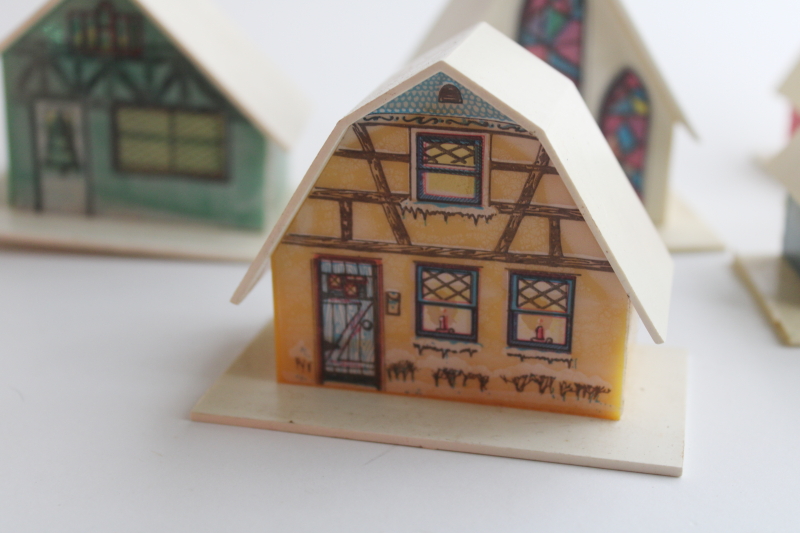 photo of vintage plastic Christmas light covers, mini putz houses, village cottages & church  #2