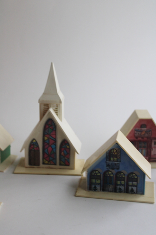 photo of vintage plastic Christmas light covers, mini putz houses, village cottages & church  #3