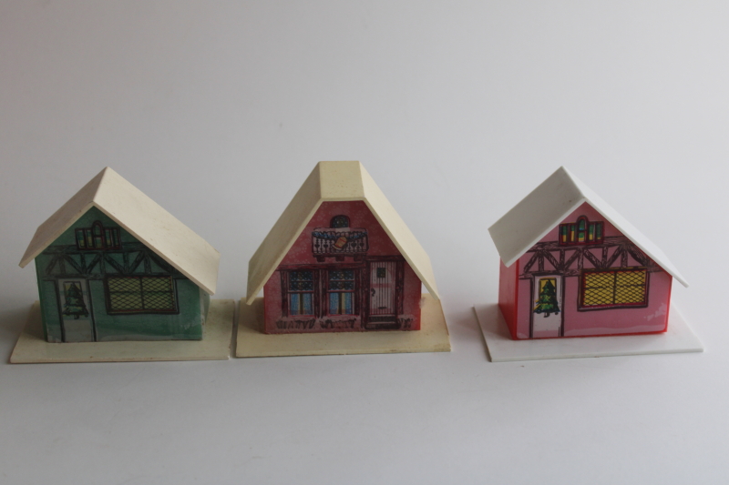 photo of vintage plastic Christmas light covers, mini putz houses, village cottages & church  #4