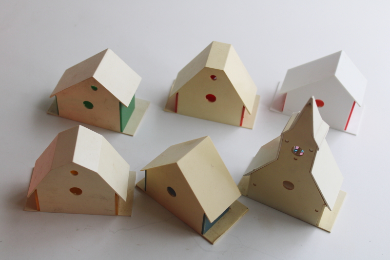 photo of vintage plastic Christmas light covers, mini putz houses, village cottages & church  #5