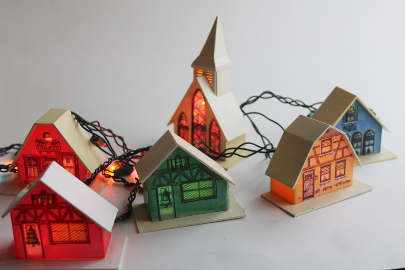 photo of vintage plastic Christmas light covers, mini putz houses, village cottages & church  #6