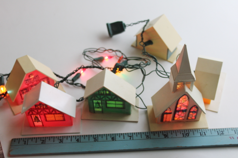 photo of vintage plastic Christmas light covers, mini putz houses, village cottages & church  #7