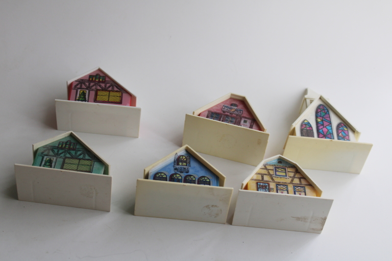 photo of vintage plastic Christmas light covers, mini putz houses, village cottages & church  #9