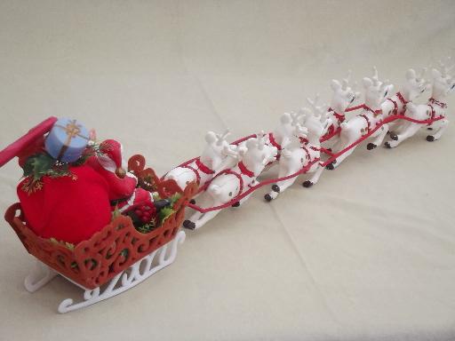 photo of vintage plastic Santa and 8 reindeer sleigh, Christmas tabletop decoration #2