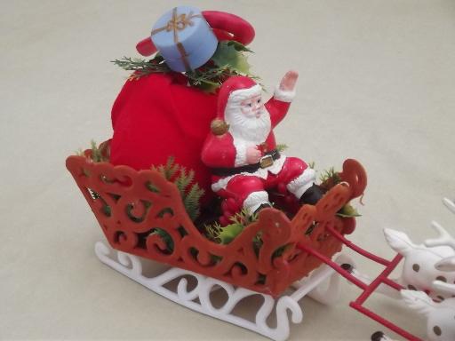 photo of vintage plastic Santa and 8 reindeer sleigh, Christmas tabletop decoration #3