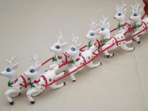 photo of vintage plastic Santa and 8 reindeer sleigh, Christmas tabletop decoration #7