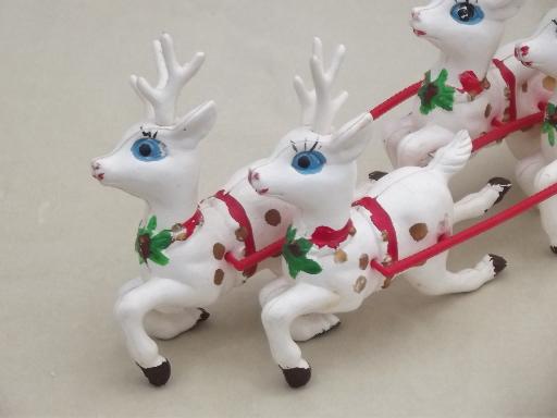 photo of vintage plastic Santa and 8 reindeer sleigh, Christmas tabletop decoration #8