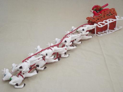 photo of vintage plastic Santa and 8 reindeer sleigh, Christmas tabletop decoration #9