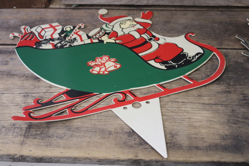 photo of vintage plastic Santa & reindeer lawn ornament Christmas decoration, flat die cut style #4