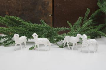 catalog photo of vintage plastic animals white sheep lambs nativity figurines, farmhouse style Christmas or Easter decor 