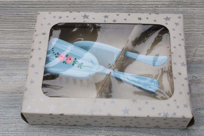 photo of vintage plastic baby brush & comb in original gift box, blue w/ pink flowers baby set  #1