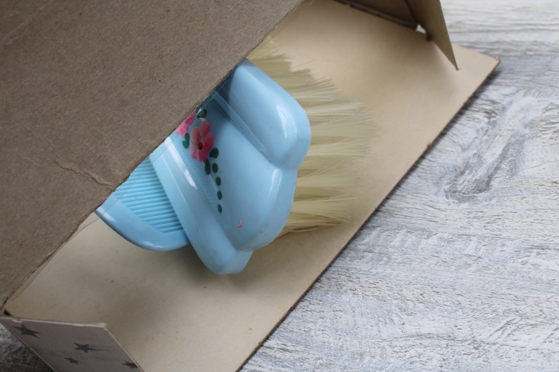 photo of vintage plastic baby brush & comb in original gift box, blue w/ pink flowers baby set #2