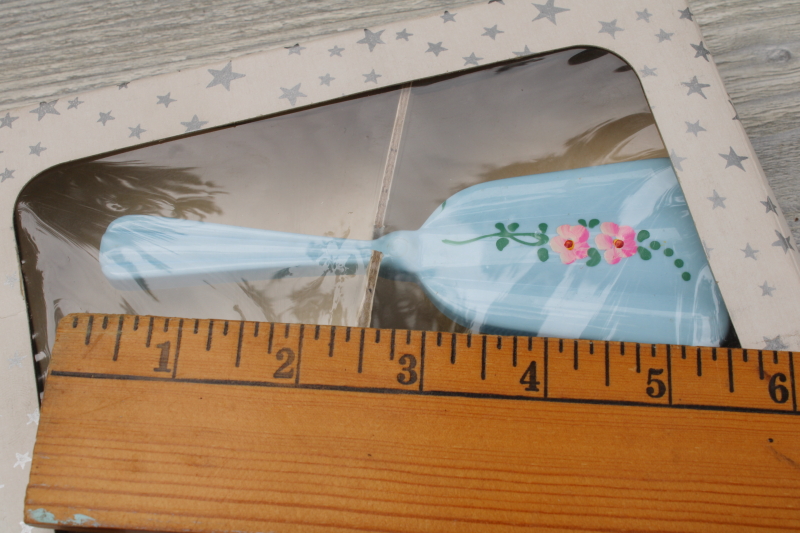 photo of vintage plastic baby brush & comb in original gift box, blue w/ pink flowers baby set #3