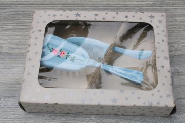 catalog photo of vintage plastic baby brush & comb in original gift box, blue w/ pink flowers baby set 