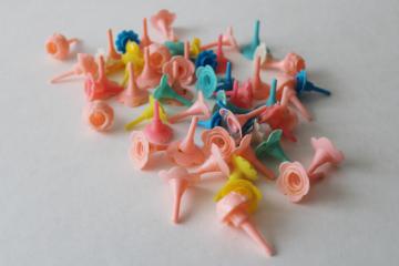 catalog photo of vintage plastic birthday candle holders, cake toppers cupcake picks