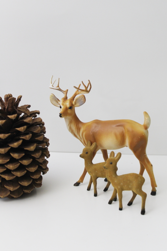 photo of vintage plastic deer & flocked fawns baby deer, decorative woodland animals holiday decor #1