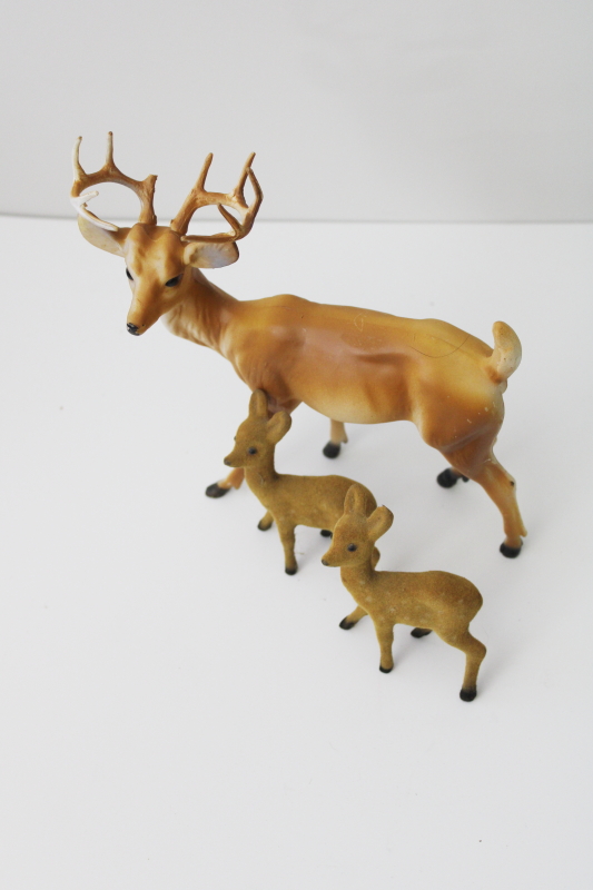 photo of vintage plastic deer & flocked fawns baby deer, decorative woodland animals holiday decor #2