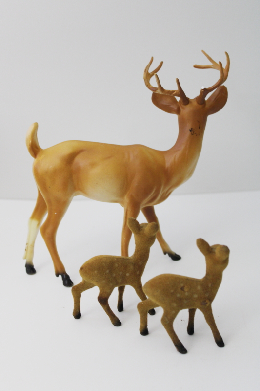 photo of vintage plastic deer & flocked fawns baby deer, decorative woodland animals holiday decor #6