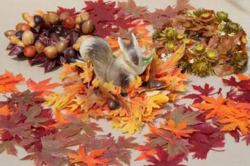 catalog photo of vintage plastic flowers, autumn leaves & a squirrel - fall harvest holiday party decorations