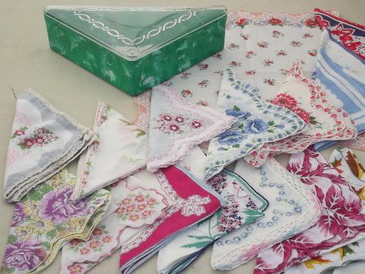 photo of vintage plastic hanky box & flowered print cotton  vintage hankies #1