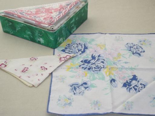 photo of vintage plastic hanky box & flowered print cotton  vintage hankies #9