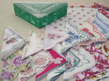 catalog photo of vintage plastic hanky box & flowered print cotton  vintage hankies