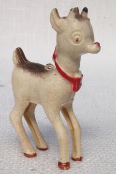 catalog photo of vintage plastic novelty Christmas ornament toy, old Rudolph the Red Nosed Reindeer