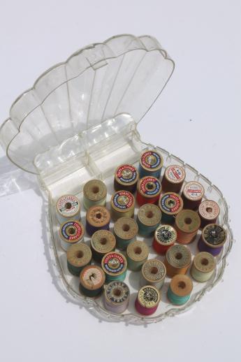 photo of vintage plastic sewing box full of cotton sewing thread, all wood spools #4